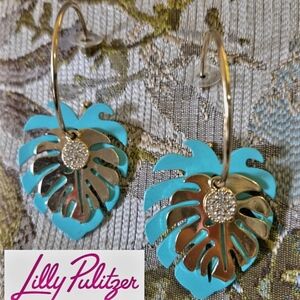 Lily Pulitzer Gold Hoop Las Olas Aqua Fern Dangle Earrings